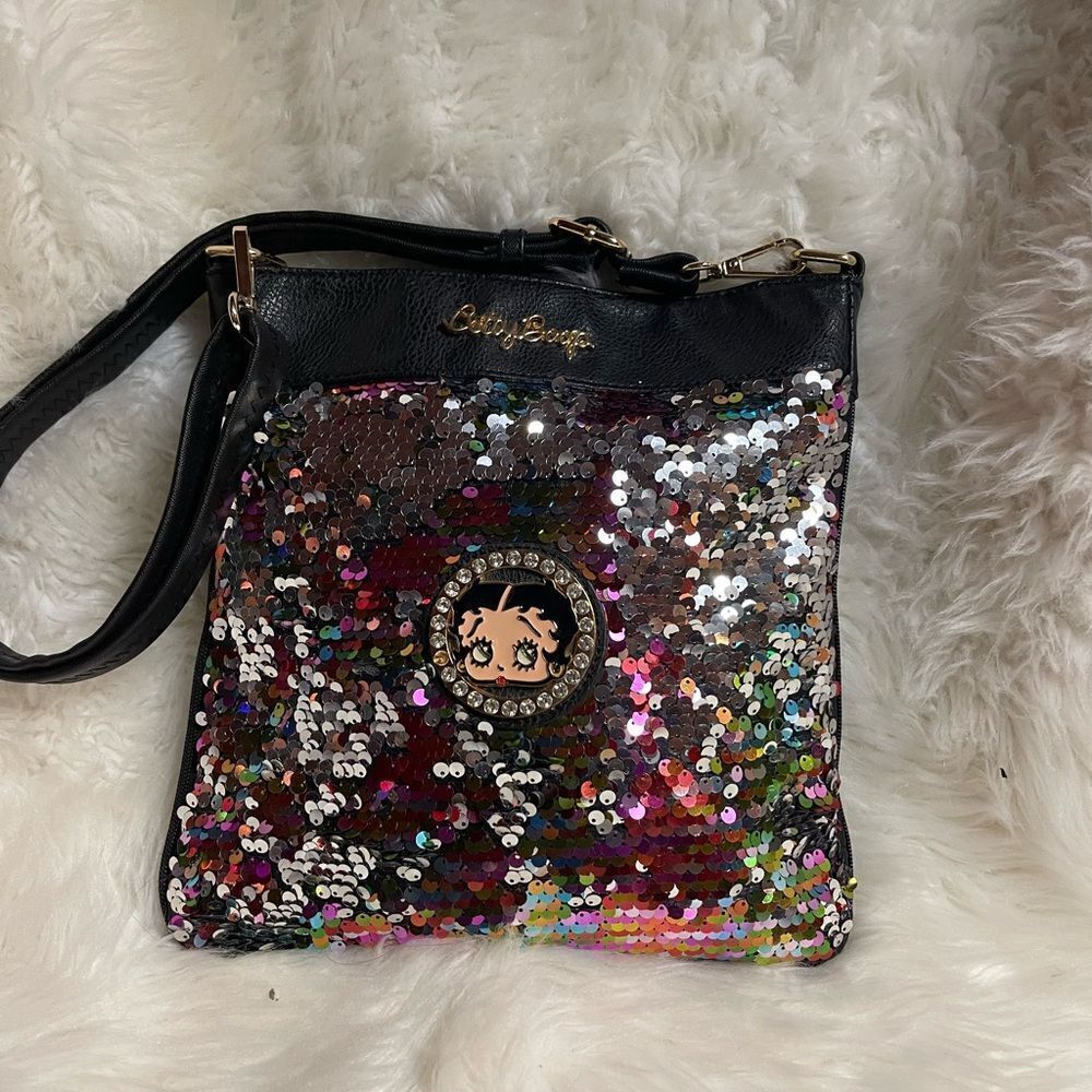 Betty Boop synthetic black crossbody bag with multi color sequins accents .
